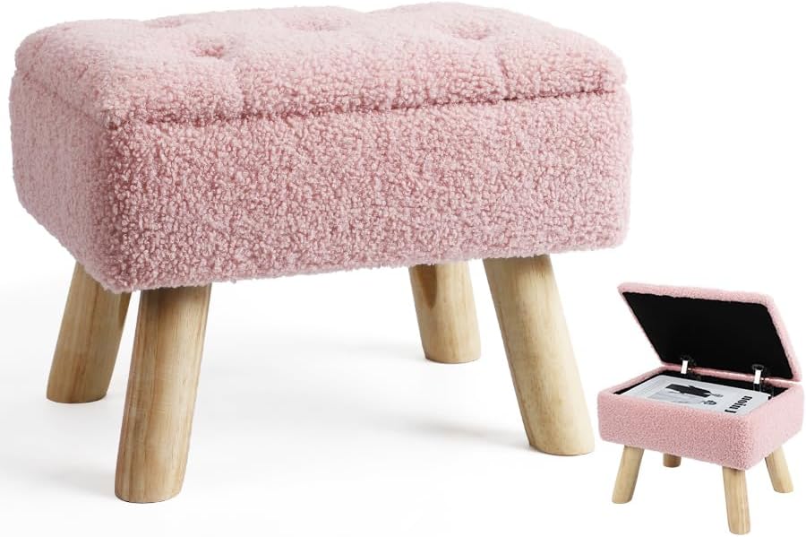 OGEMXU Storage Ottoman, Small Foot Stool Ottoman with Storage, Boucle Teddy Velvet Foot Rest with Padded Seat, Sturdy Wood Legs Stool for Living Room, Bedroom, Couch, Enterway (Cream)