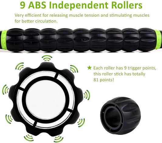 Sportneer Muscle Roller Stick - Massage Stick for Athletes - Reducing Soreness and Muscle Strain, Soothing Legs Cramps - Physical Therapy & Body Recovery - Black Green