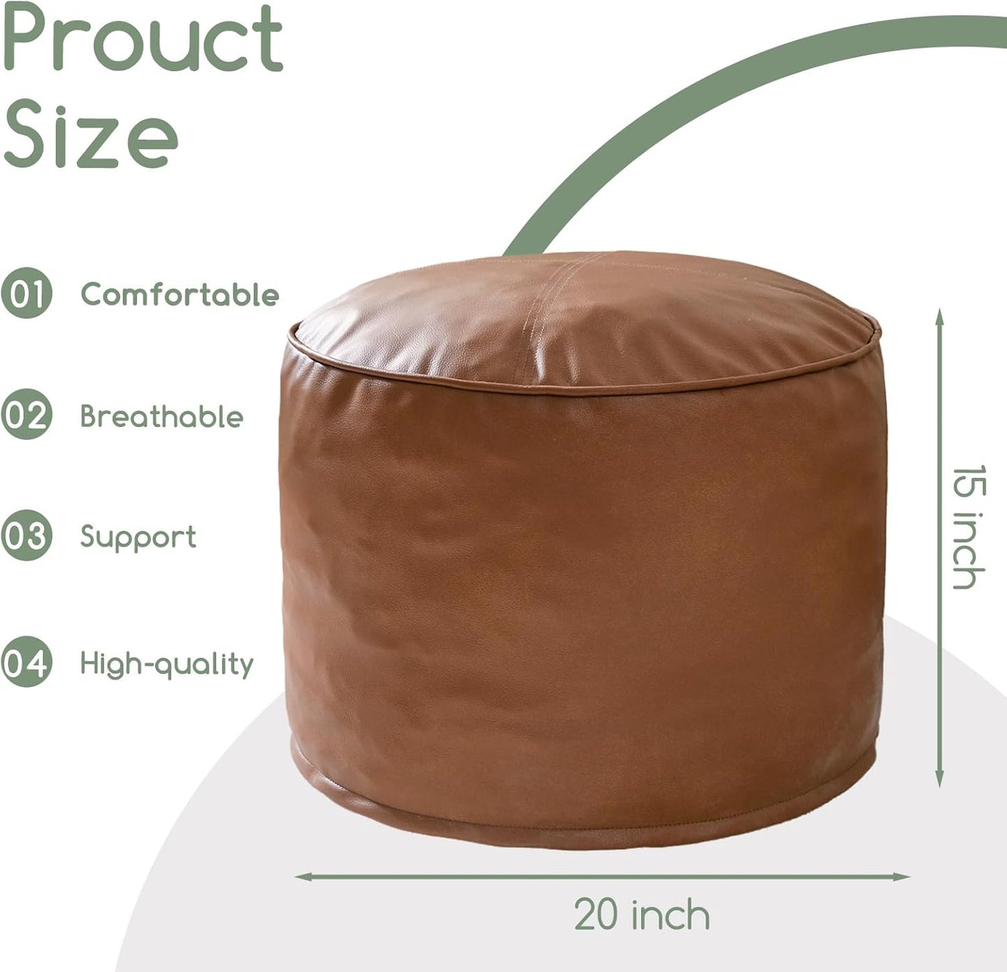HIGOGOGO Round Stuffed Pouf Ottoman, Pu Leather Poufs with Foam Chunk Filling, Furry and Fluffy Pouf Foot Stool Storage Ottoman, 20 X 15 Floor Poufs Foot Rest for Living Room,Dark Brown