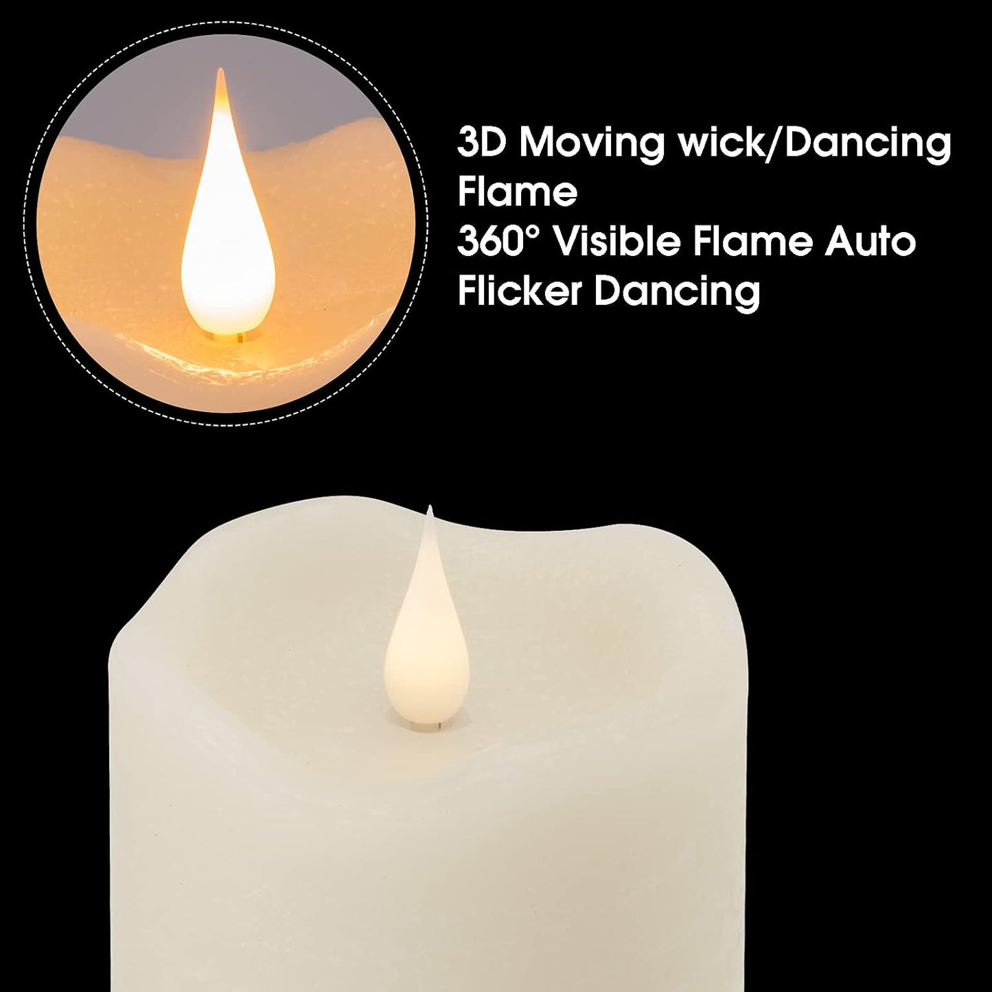 TECHLONG Flickering Flameless Candles with 3D Moving Flame, Last 1000+ Hours Battery Operated Candles with Timer, Ivory Real Wax Pillar Electric LED Candle for Wedding Christmas Party/3" x 5"