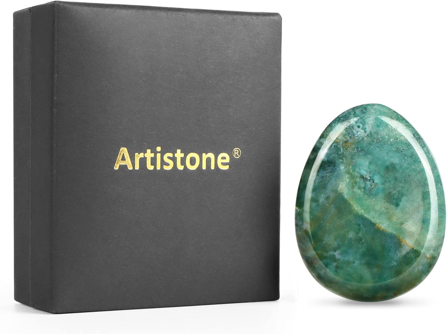 Artistone Moss Agate Crystal Chakra Thumb Worry Stone Teardrop Reiki Healing Stone Pocket Palm Stones for Anxiety Stress Relief Meditation Therapy Geometry Home Decor