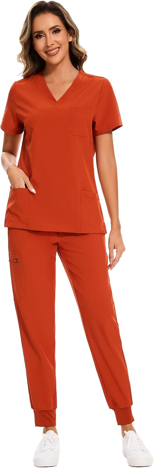 COZYFIT Scrubs for Women Set - Stretch V-Neck Scrub Top & Jogger Pant with 8 Pockets COZY SCRUBS - Colors C