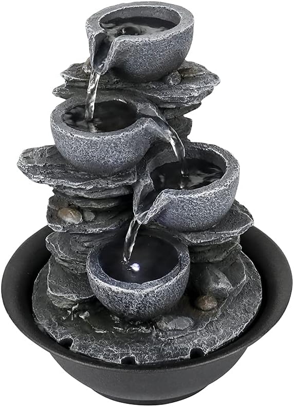 8.3” H Indoor Zen Tabletop Water Fountain, Rock Cascading Waterfall with Spinning Crystal Ball & LED Light for Home Office Decor
