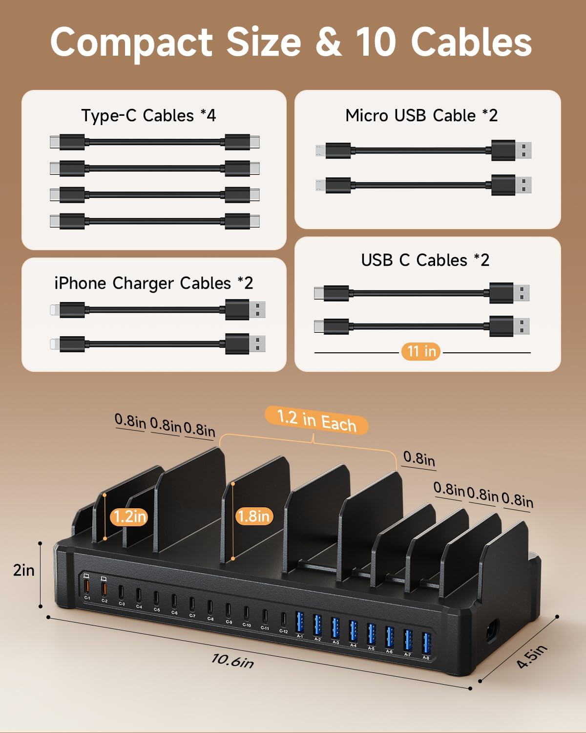 20-Port 600W Moezuti Charging Station for Multiple Devices with 10 Cables