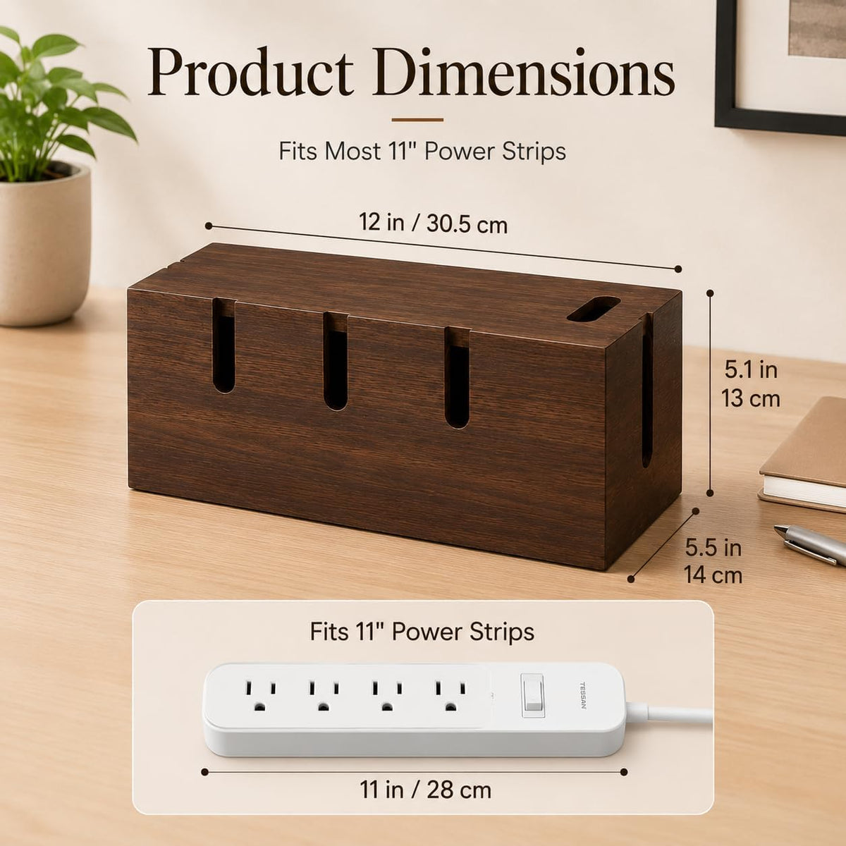 Large Acacia Wood Cable Management Box for Power Strips