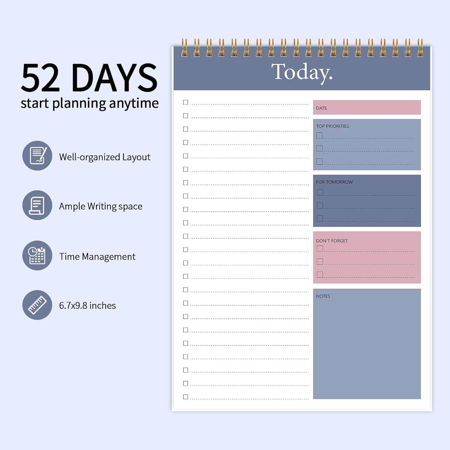 To Do List Notepad - Daily Planner Notepad 104 Pages Task Planner, 6.7" x 9.8" Double Sided Spiral Notebook with Checklist Productivity Planning Pad for Work Office Home-Pink