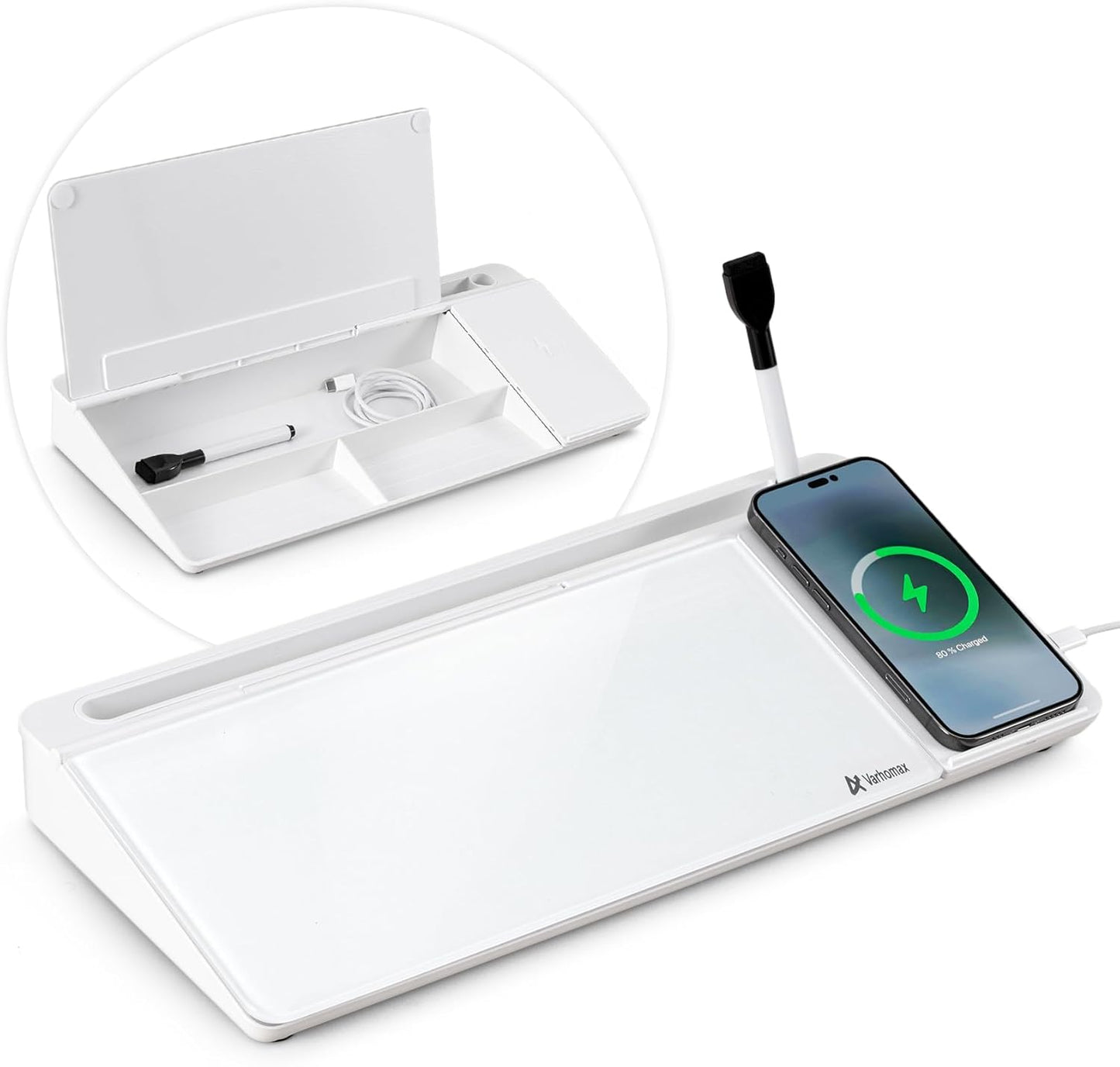 Varhomax Glass Weekly Dry Erase Desk White Board, Desktop to Do List Planner Whiteboard Calendar with Storage Caddy Memo for Home and Office, White