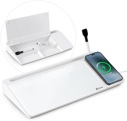 Varhomax Glass Weekly Dry Erase Desk White Board, Desktop to Do List Planner Whiteboard Calendar with Storage Caddy Memo for Home and Office, White