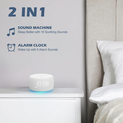 Buffbee Alarm Clock with Sound Machine for Bedrooms – 2-in-1 White Noise Machine for Sleep, Gentle Wake-Up with Soft Alarm Sounds, Ambient Night Light, Plug-in, Sleep Better, Wake Gently