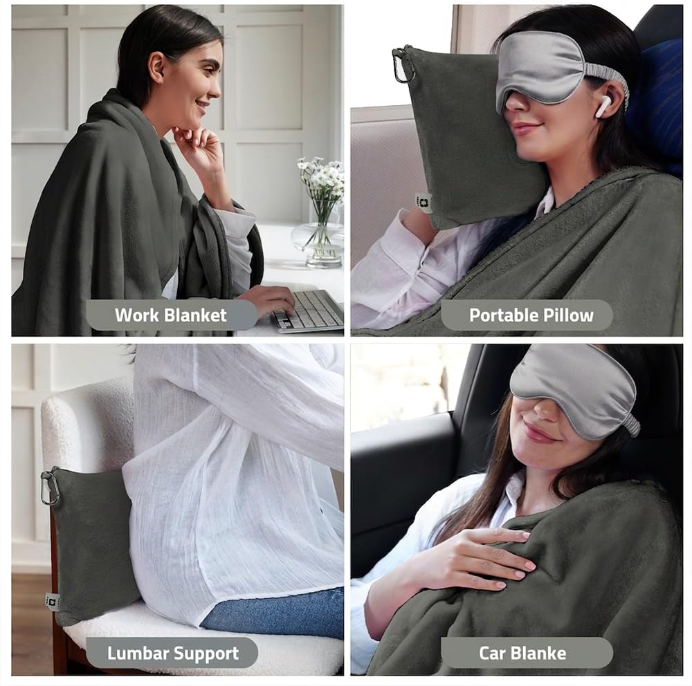 Travel Blanket Pillow,Airplane Blanket Compact with Bag Eye Mask, Ultra-Soft,Warm & Lightweight Included,Travel Essentials for Women & Men, Luggage Sleeve & Backpack Clip 65x40 in, Grey