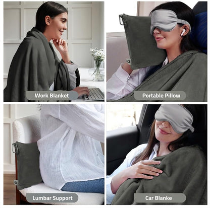 Travel Blanket Pillow,Airplane Blanket Compact with Bag Eye Mask, Ultra-Soft,Warm & Lightweight Included,Travel Essentials for Women & Men, Luggage Sleeve & Backpack Clip 65x40 in, Grey