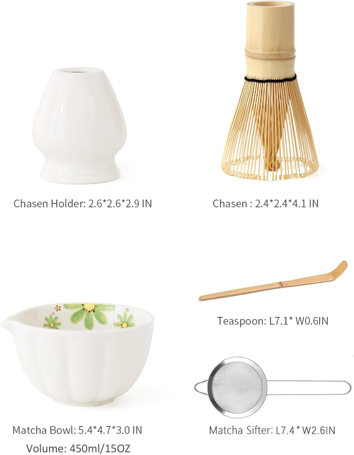 TANG PIN Matcha Set - Match Bowl and Whisk, 15 OZ, Matcha Scoop | Matcha Whisk Stand (Chasen Holder) - 5pc Perfect Matcha Kit for Matcha Tea Ceremony (Mottled Green)