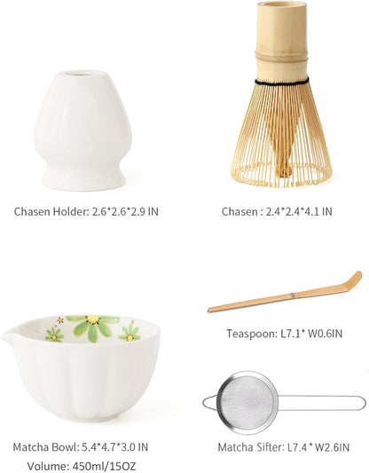 TANG PIN Matcha Set - Match Bowl and Whisk, 15 OZ, Matcha Scoop | Matcha Whisk Stand (Chasen Holder) - 5pc Perfect Matcha Kit for Matcha Tea Ceremony (Mottled Green)