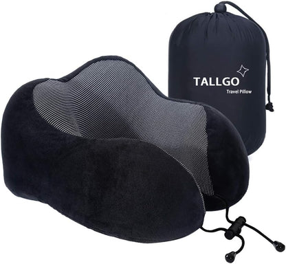 TALLGO Travel Pillow, Best Memory Foam Neck Pillow Head Support Soft Pillow for Sleeping Rest, Airplane Car & Home Use (Black)