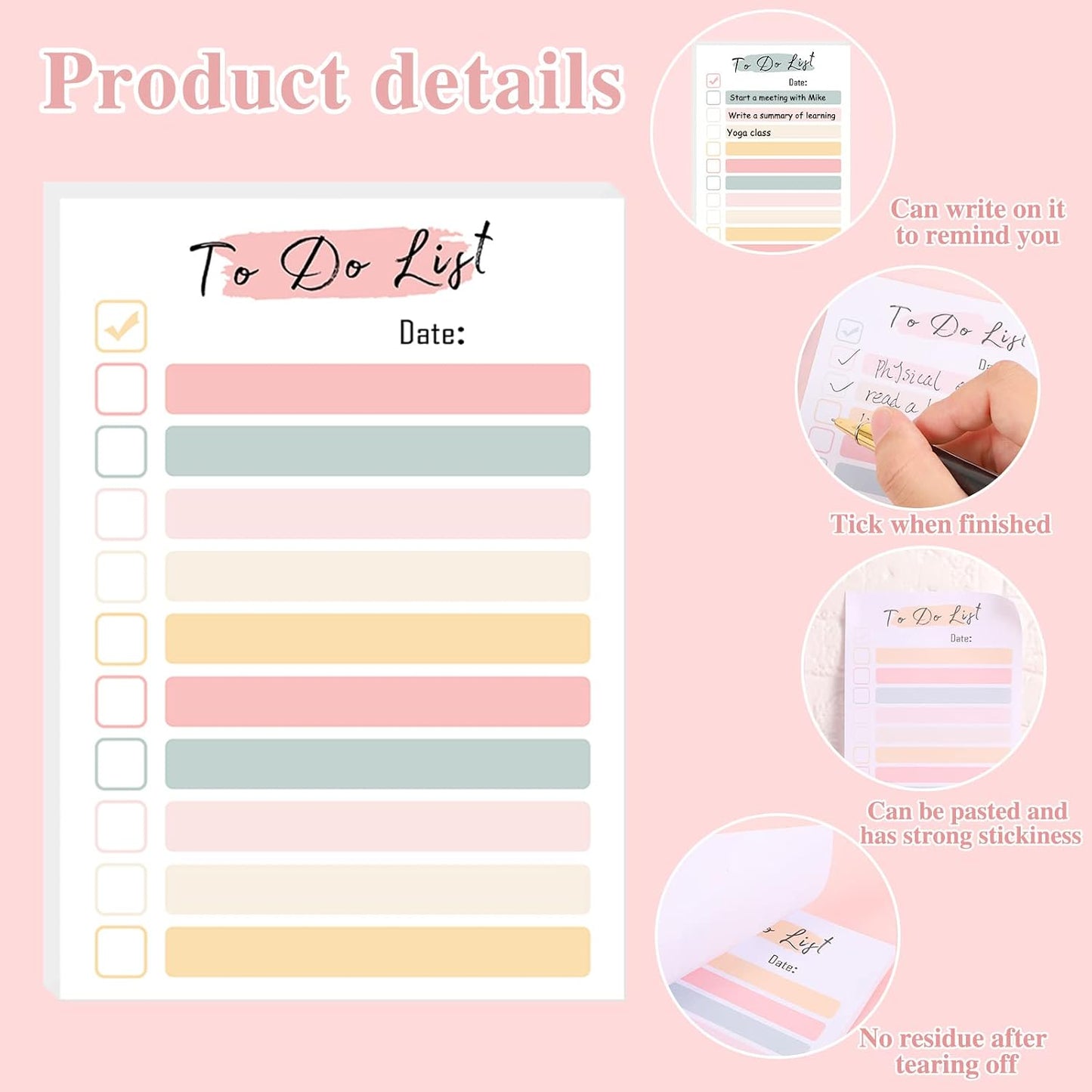 4 Pack to Do List Notepad, 4x6 Daily to Do List Sticky Notes | 200 sheets, Pastel colors, Memo pad, Smooth writing paper, for office, school, home and planners