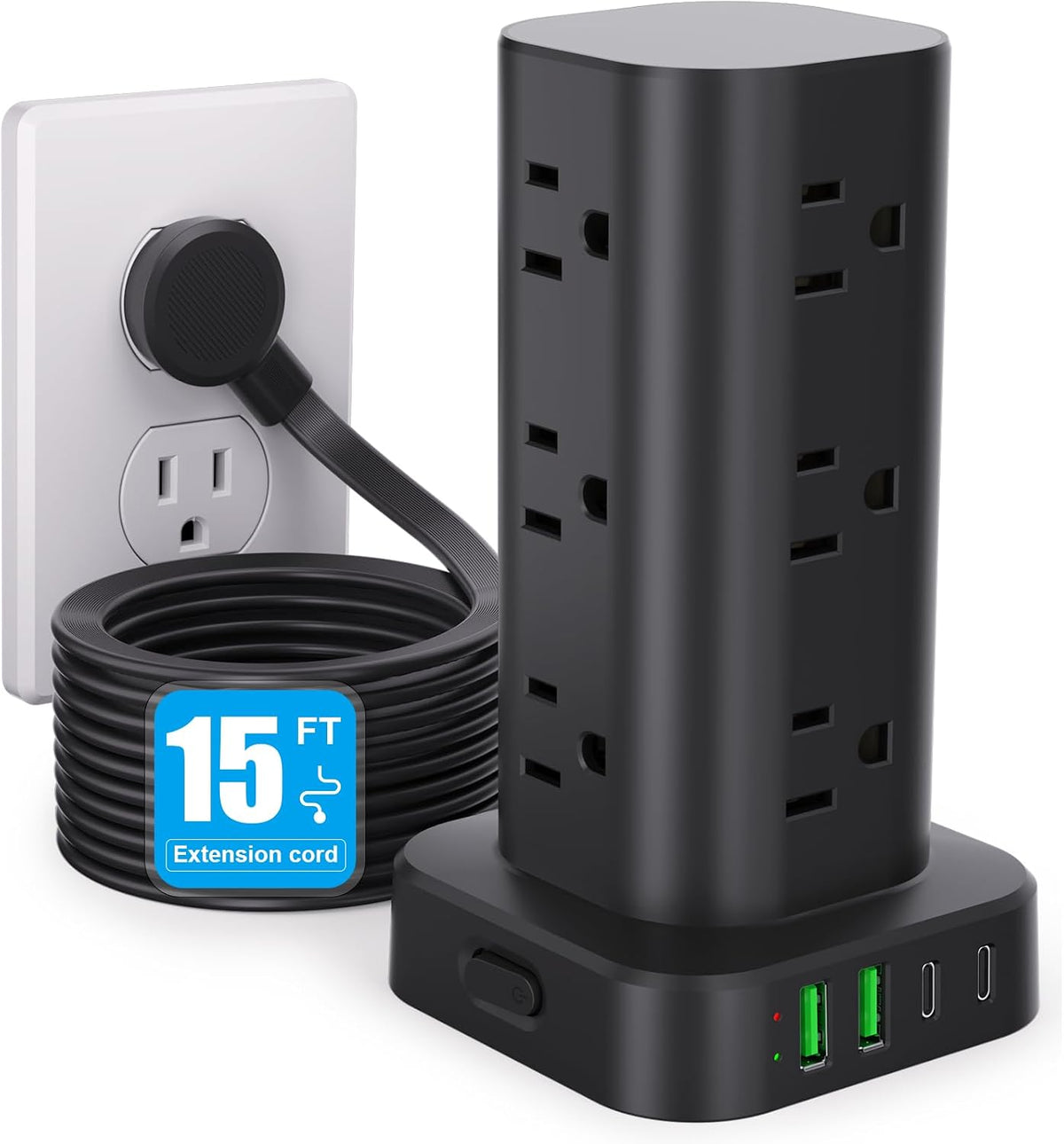 6FT Power Strip Tower Surge Protector, 12 Wide Spaced Outlets, 4 USB