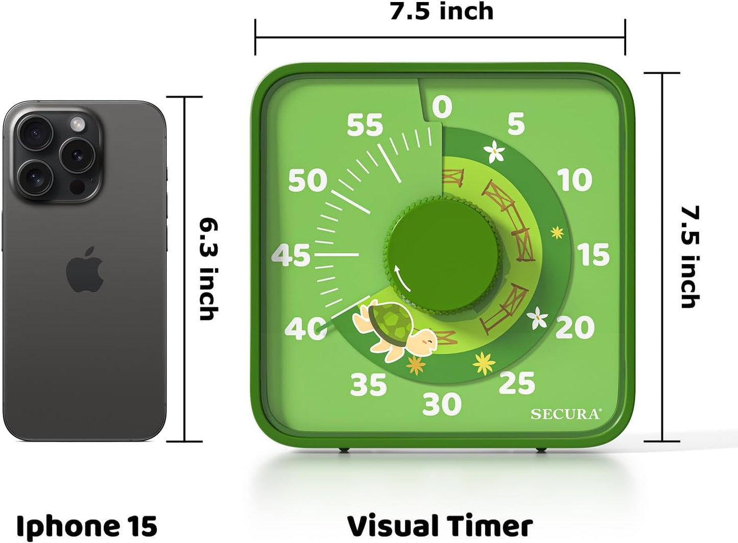 Secura 7.5 Inch Visual Timer, 60 Minute Visual Oversize Countdown Timer for Kids and Adults, Durable Mechanical Time Management Tool (Dark Green)