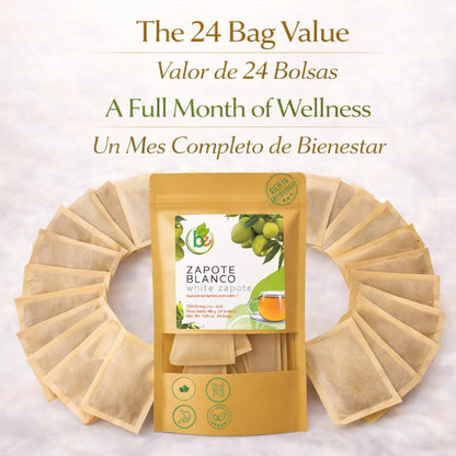 Zapote Blanco Herbal Tea (24 Tea Bags) - 2000mg per Bag - 100% Natural White Sapote Leaves from Mexico - Traditional Mexican Infusion - Caffeine-Free, Non-GMO, Vegan - Authentic Herbs by BEXPERTSUSA