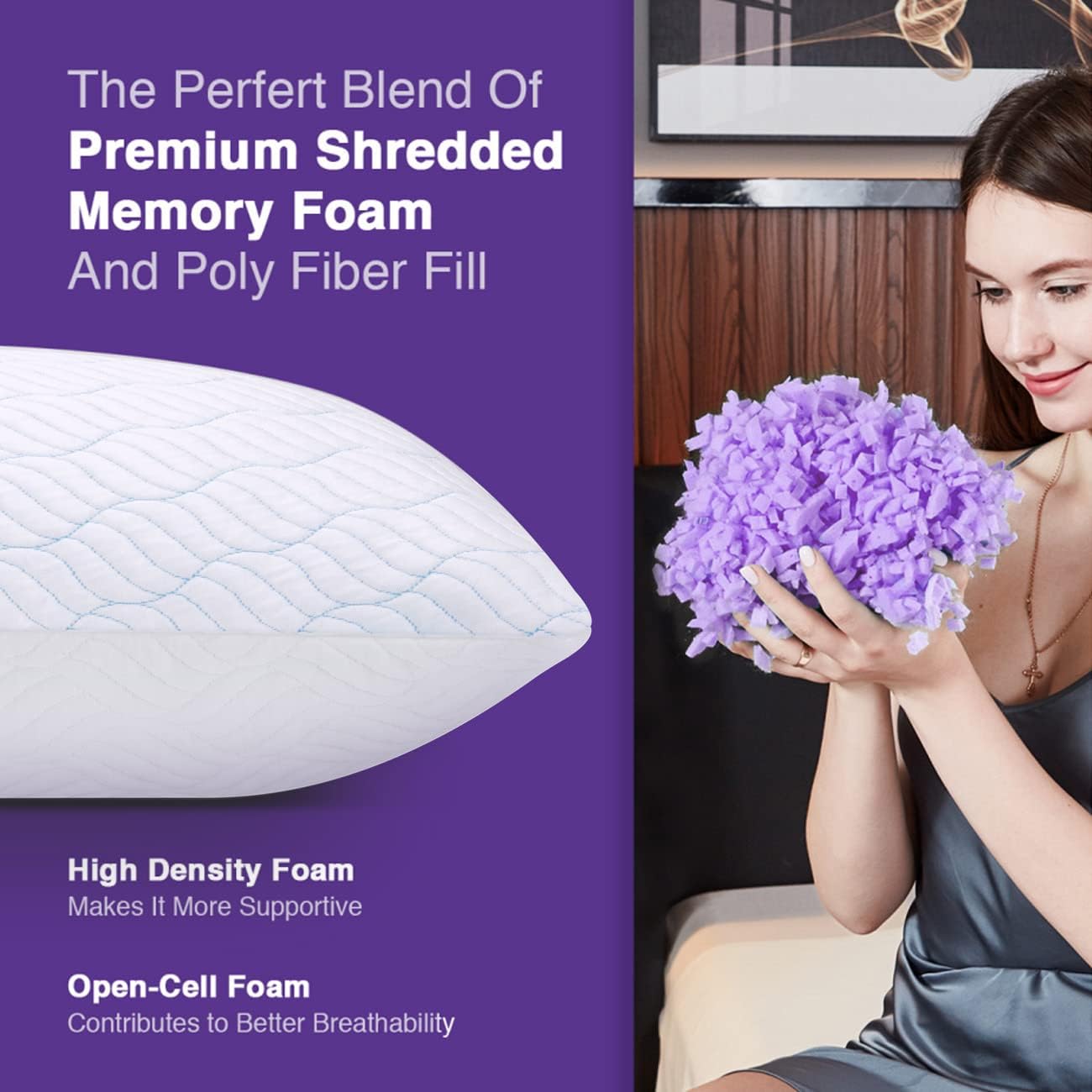 WISHSMILE Cooling Shredded Memory Foam Pillows Queen Size Set of 2 | Neck comfort, firm support, odorless, cooling, customizable height, machine washable, CertiPUR-US hypoallergenic bed pillow