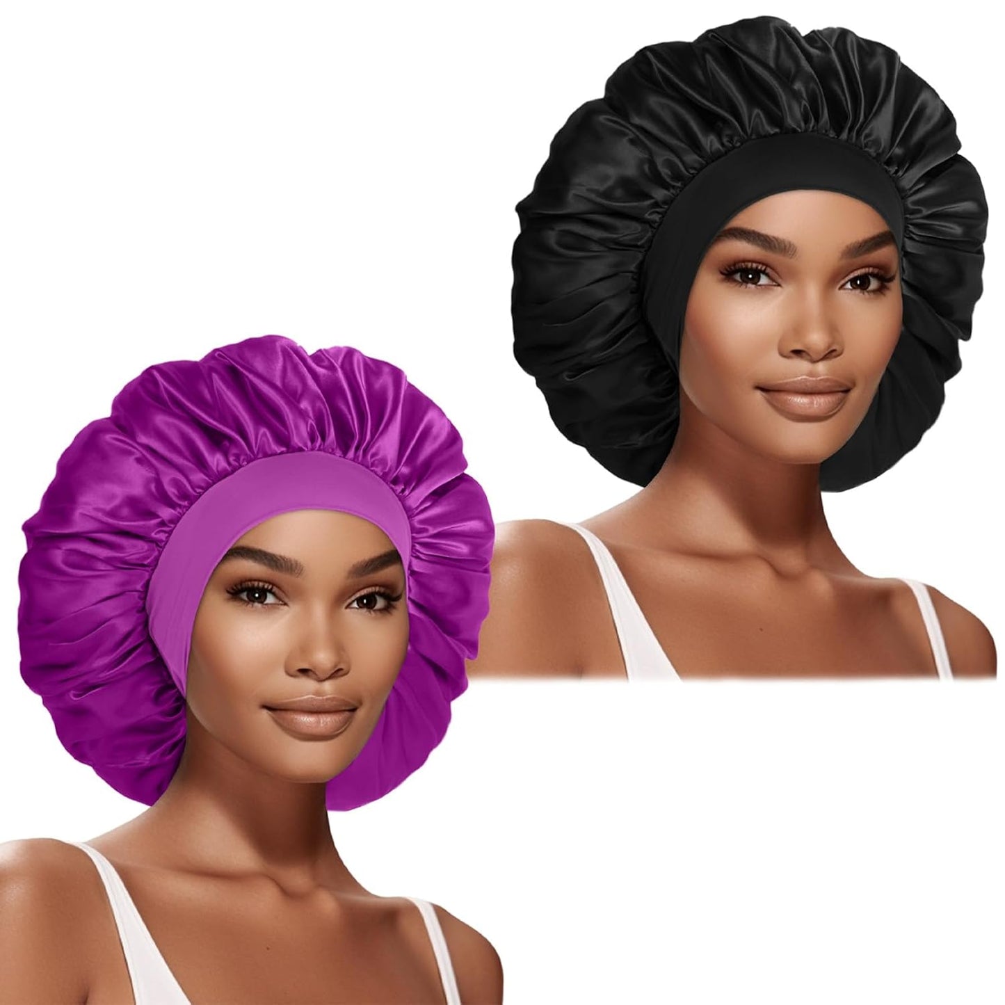 Extra Large Satin Bonnet Hair Cap for Women Men | 17inches, Jumbo Silk Sleep Cap, Wide Elastic Band for Braids Curly Hair Locs, Black