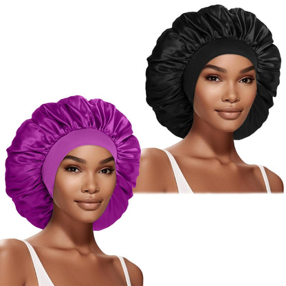 Extra Large Satin Bonnet Hair Cap for Women Men | 17inches, Jumbo Silk Sleep Cap, Wide Elastic Band for Braids Curly Hair Locs, Black