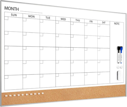 ARCOBIS Dry Erase Calendar with Cork Board for Wall, 24"x 18" Magnetic Calendar Whiteboard with Black Frame, Monthly Combination Board for School, Home, Office