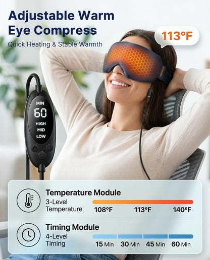 Heated Eye Mask for Dry Eyes, USB Powered Silk Warm Eye Compress & Eye Heating Pad, Washable Dry Eye Mask with 3 Heat & 4 Timer Settings for Blepharitis Stye Migraine Sinus MGD Puffiness（Blue）