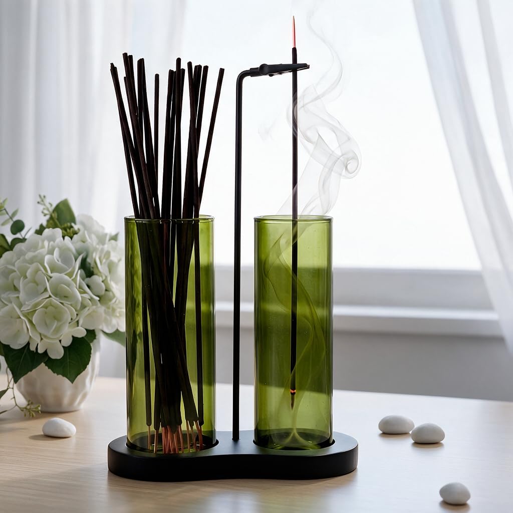 2 in 1 Anti-Ash Incense Holder for Sticks, Upside Down Hanging Incense Burner with Removable Glass Ash Catcher and Wooden Base, Modern Vertical Zen Decor for Home Office Yoga Meditation Room（Clear）
