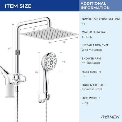 Ryamen Upgraded Dual Shower Heads Combo, 10 inch Filtered Shower Head with Handheld, 3-Way Rain Shower Head with Filters, 7 Settings Handheld Spray, High Pressure, Height Adjustable (Black)