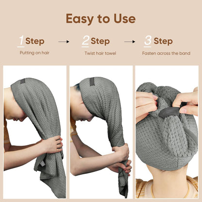 HOMEXCEL 5 Pack Microfiber Hair Towels - 40 x 20 inches Super Soft, Fast Drying Turbans for Long, Thick, Curly Hair - Anti Frizz Wrap with Elastic Strap