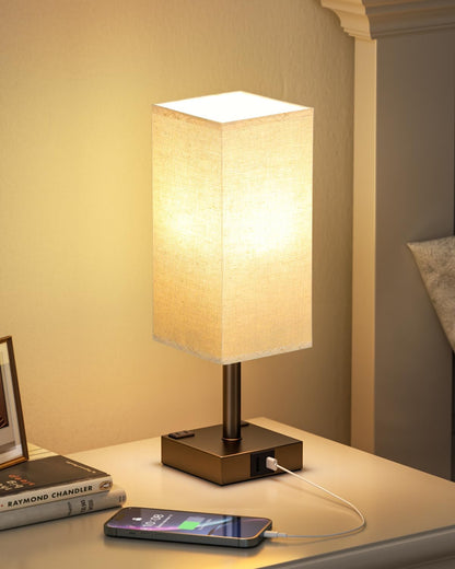 【Upgraded】Bedside Table Lamp Touch Control, with USB C+A Charging Ports & Dual AC Outlets, 3-Way Nightstand Lamp for Bedroom with LampShade Living Room Office(LED Dimmable Bulb Included)
