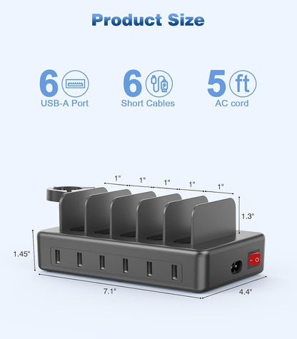 Charging Station for Multiple Devices, 50W 6 Ports Charging Dock with Stand