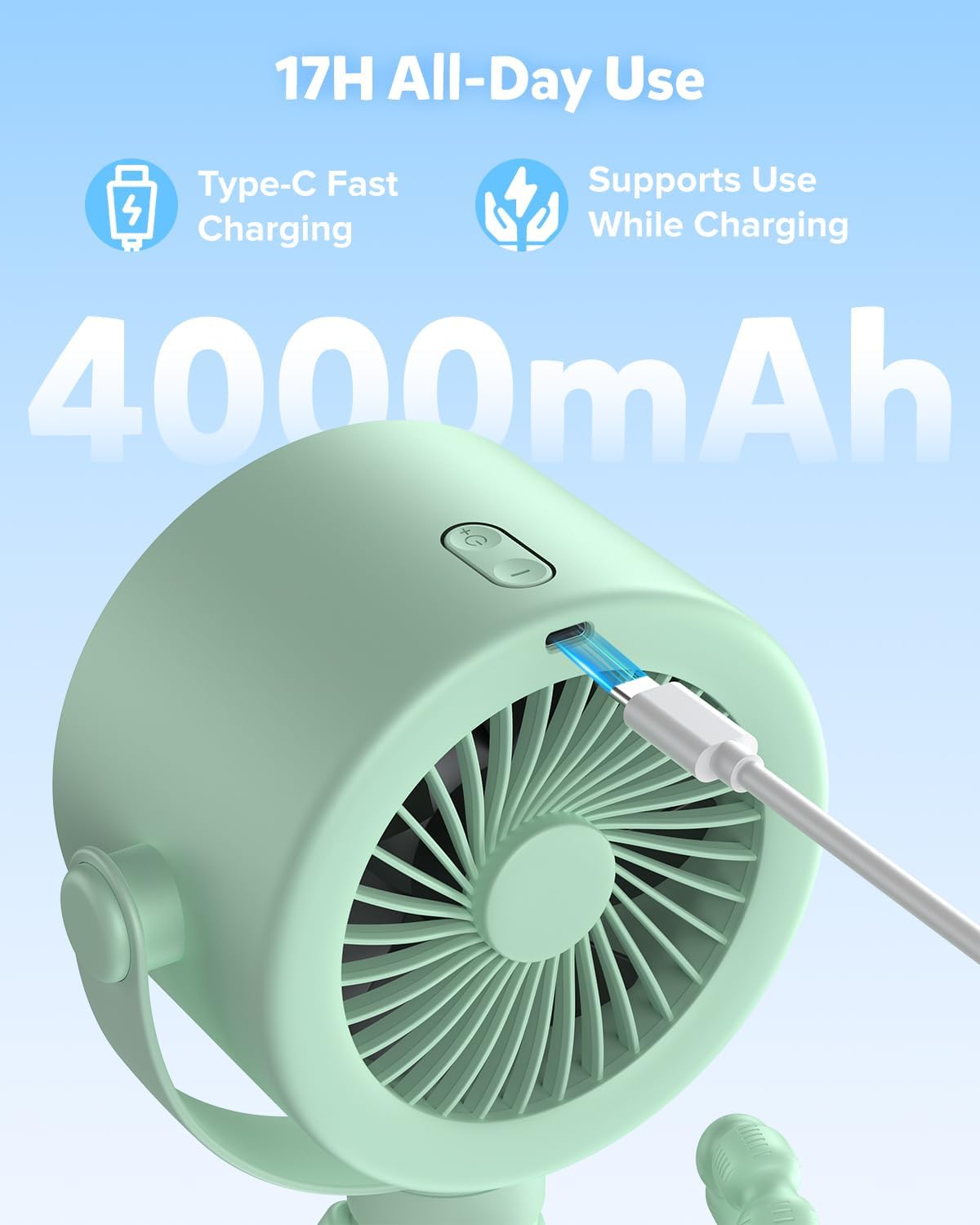 AMACOOL Baby Stroller Fan, Rechargeable Portable Clip on Fan, 17H Cooling