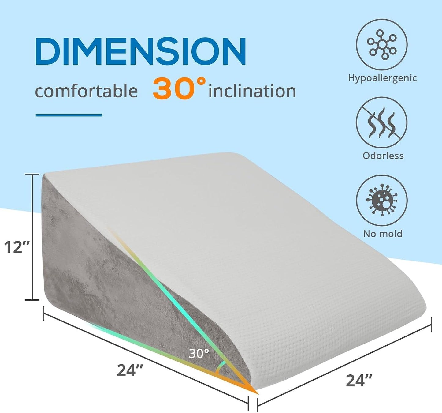 Sasttie Wedge Pillow 24x24x12 inch, Memory Foam Bed Wedge, Cool Grey