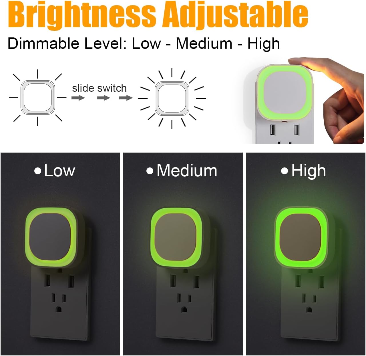 YUNLEX 2 Pack Amber Night Light, Dusk to Dawn Sensor, Warm Glare-Free Reflected Glow, 3-Level Dimmer, Auto On/Off, Plug-in LED Nightlight for Bedroom, Kids, Bathroom, Sleep, Baby Nursery, Toddler