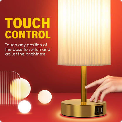 Yarra-Decor Bedside Lamps with USB Port - Touch Control Table Lamp for Bedroom Wood 3 Way Dimmable Nightstand Lamp Set of 2 with Round Flaxen Fabric Shade for Living Room, Dorm, Home Office (2 Pack)