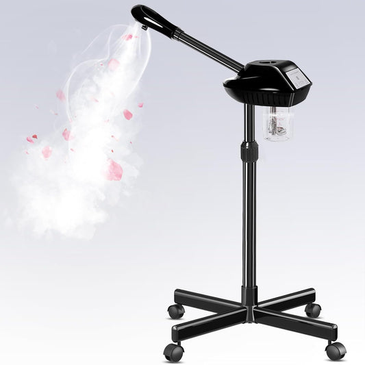 Facial Steamer Professional with More Steam for Deep Cleansing and Hydration, Estheticians Steamer on Wheels with Time Setting, Face Steamer Adjustable Height for Beauty, Spa and Home Use（Golden）