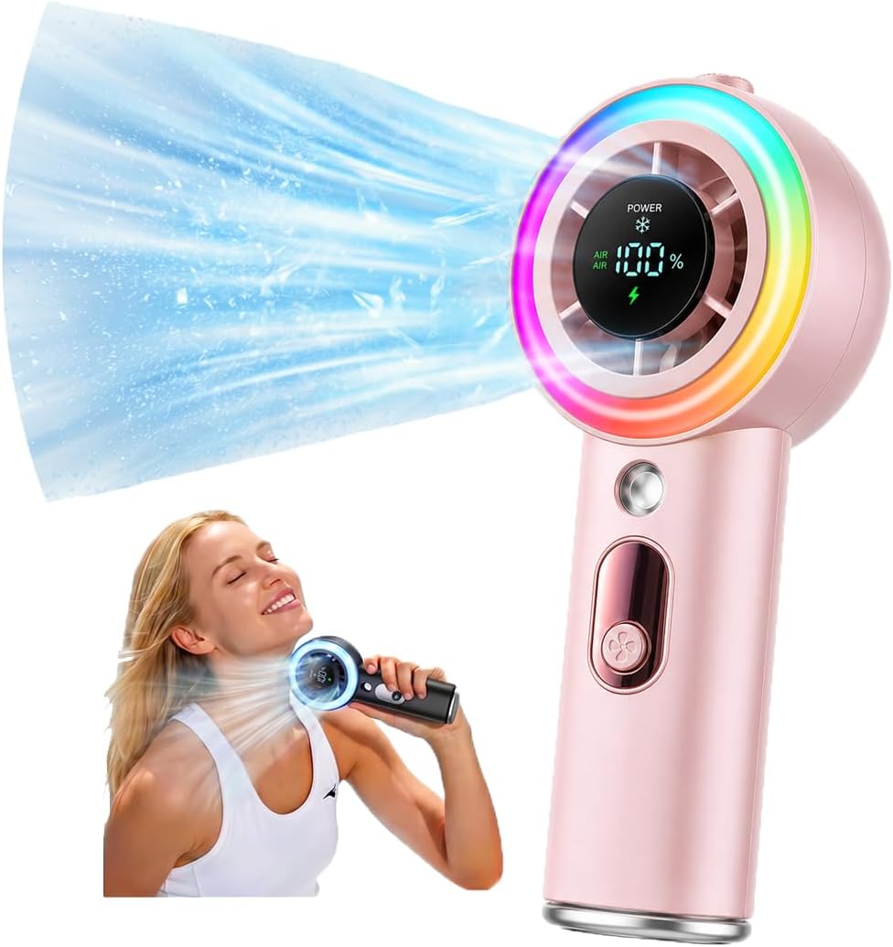 Portable Fan with Mist, Handheld Fan, 1-199 Speed, AC-Level Ice Cooling
