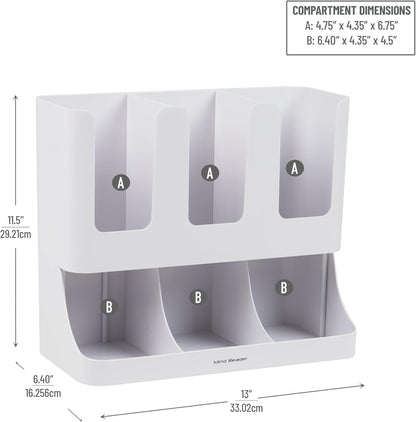Mind Reader Condiment Station, 13 Inch Countertop Coffee Bar Organizer with 6 Compartments, Storage Caddy for Cups, Lids and Packets, Plastic, Black