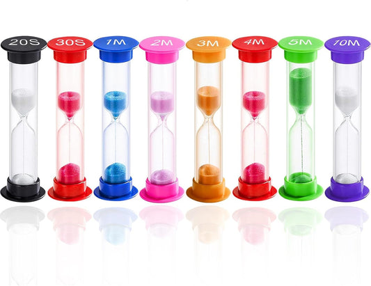 8 Pack Plastic Sand Timer Clock Set Sandglass Colorful Toothbrush Hourglass 20Sec/ 30Sec/ 1Min/ 2Min/ 3Min/ 4Min/ 5Min/ 10Min for Kids Games, Classroom, Kitchen, Decorative, Cooking, Office