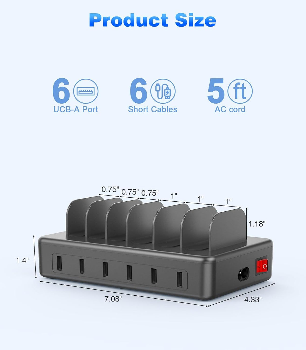 50W 6 Ports Multi Charger Station, USB Charging Dock for Multiple Devices