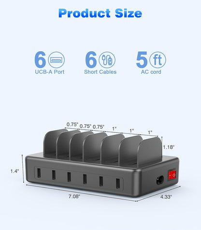 50W 6 Ports Multi Charger Station, USB Charging Dock for Multiple Devices