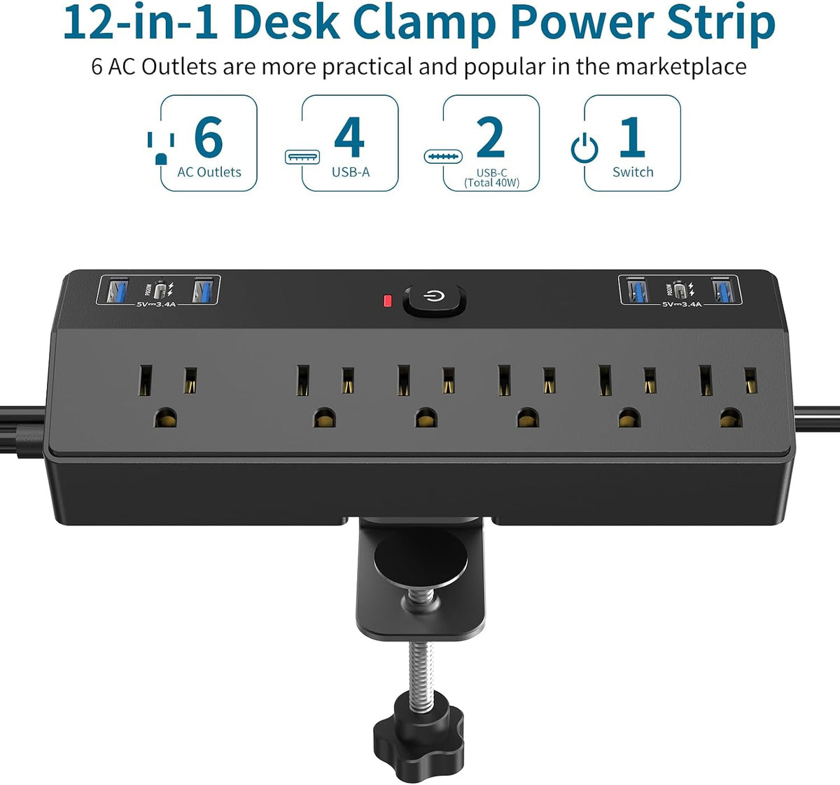 Desk Clamp Power Strip 10FT, 40W Total Fast Charging Station, Black