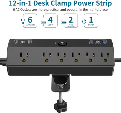 Desk Clamp Power Strip 10FT, 40W Total Fast Charging Station, Black
