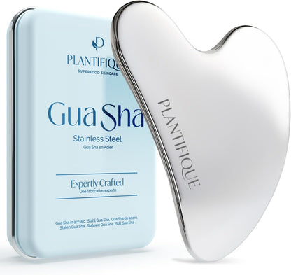PLANTIFIQUE Stainless Steel Gua Sha and Ice Roller for Face & Body - Cooling Facial Tool Set to Reduce Puffiness, Improve Lymphatic Drainage & Soothe Skin