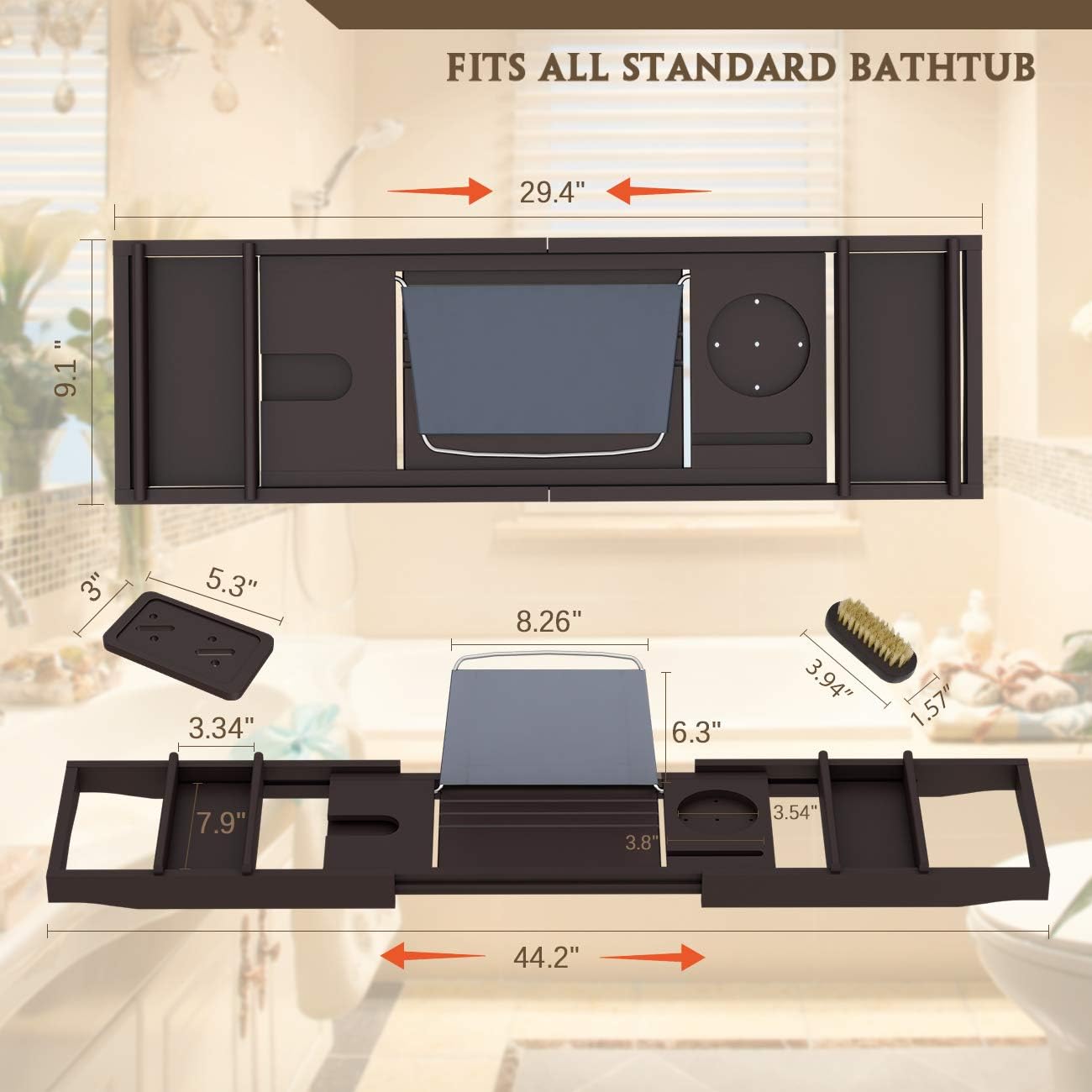 Bath Caddy Tray for Bathtub - Bamboo Adjustable Organizer Tray for Bathroom with Free Soap Dish Suitable for Luxury Spa or Reading