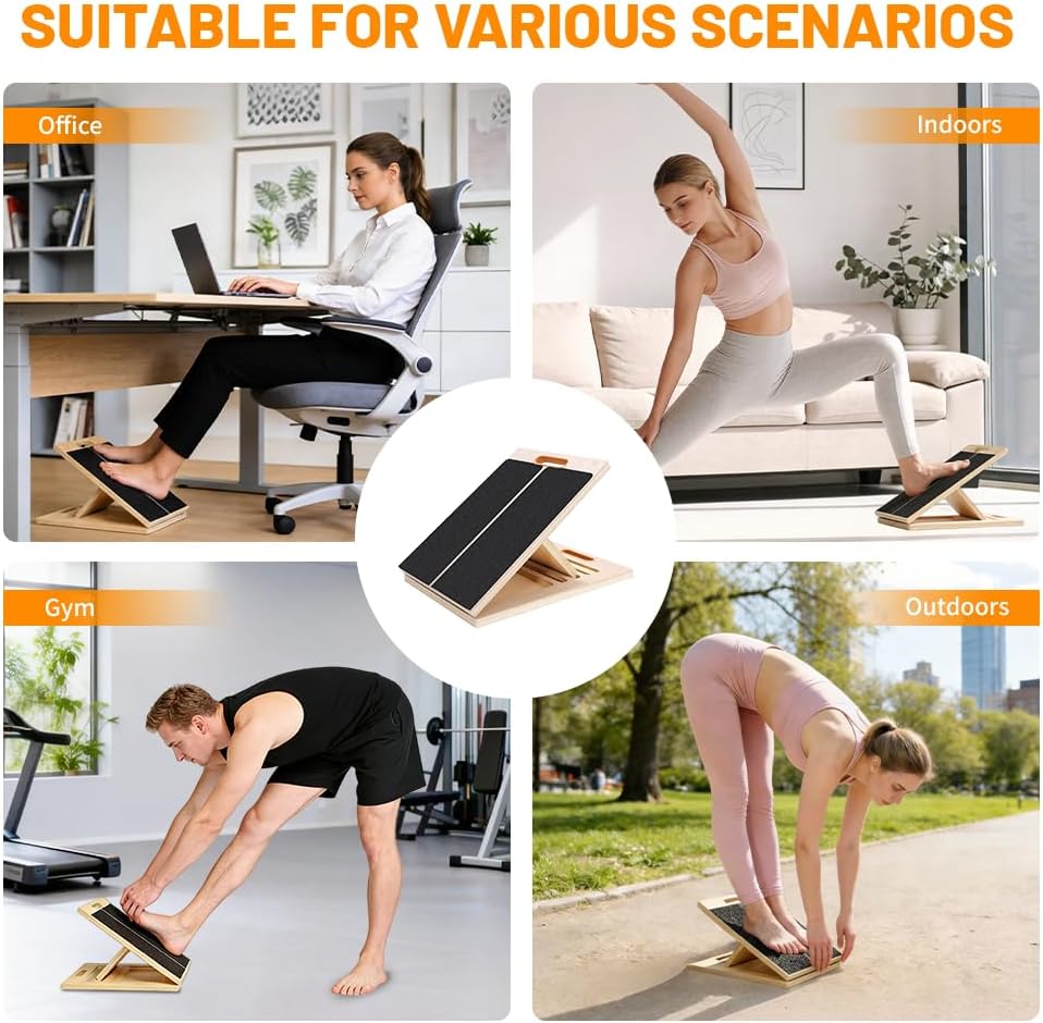Adjustable 16.5"×12" Wooden Slant Board – 5-Angle Foldable Calf Stretcher & Squat Wedge for Home-Gym, Portable Incline Board for Physical Therapy Rehab Pilates, Ankle Knee Heel Feet Leg, 350 lb Rated