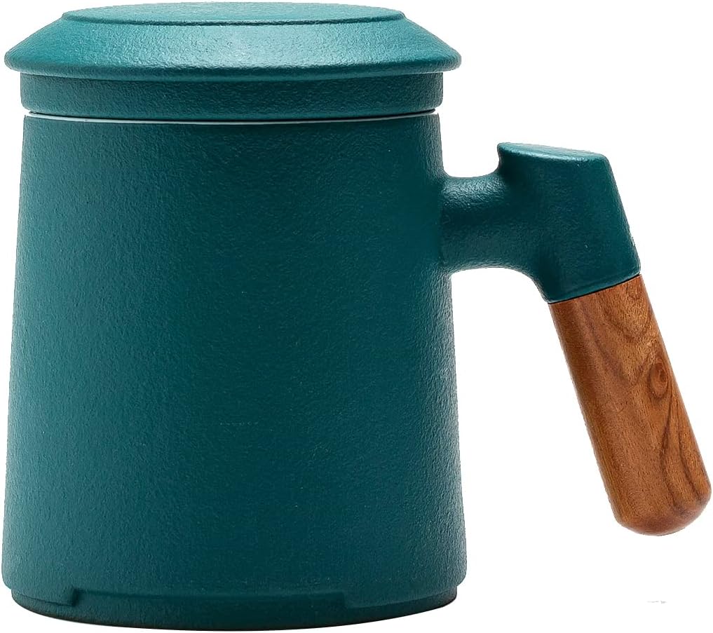 ZENS Embossed Ceramic Tea Mug with Infuser and Lid, 14.5 oz Wooden Handle, Loose Leaf Tea Steeper Cup & Strainer for Tea Lovers Gifts