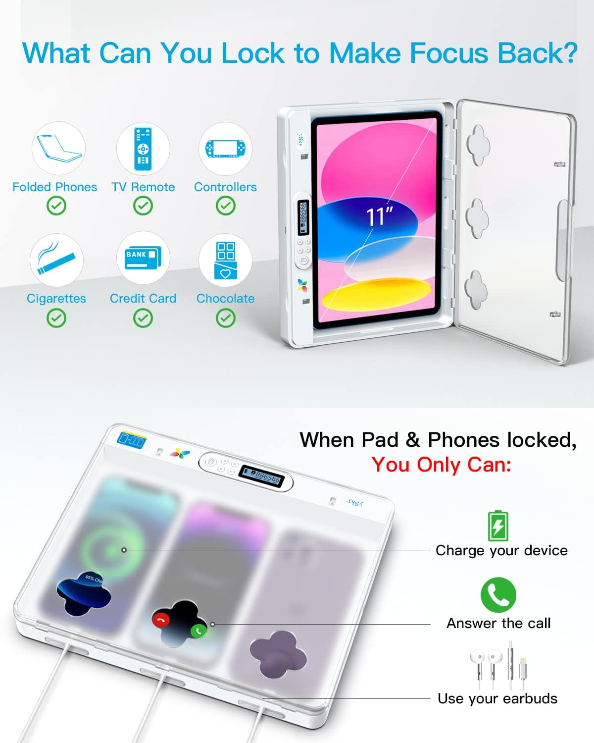 ySky Phone Lock Box with Timer - Lock for iPad Under 11" or Folding Phones I Beat Screen Addiction,Charge While Locked |Self-Control Cellphone Locker for Students, Adults &Kids Unplug from Phones