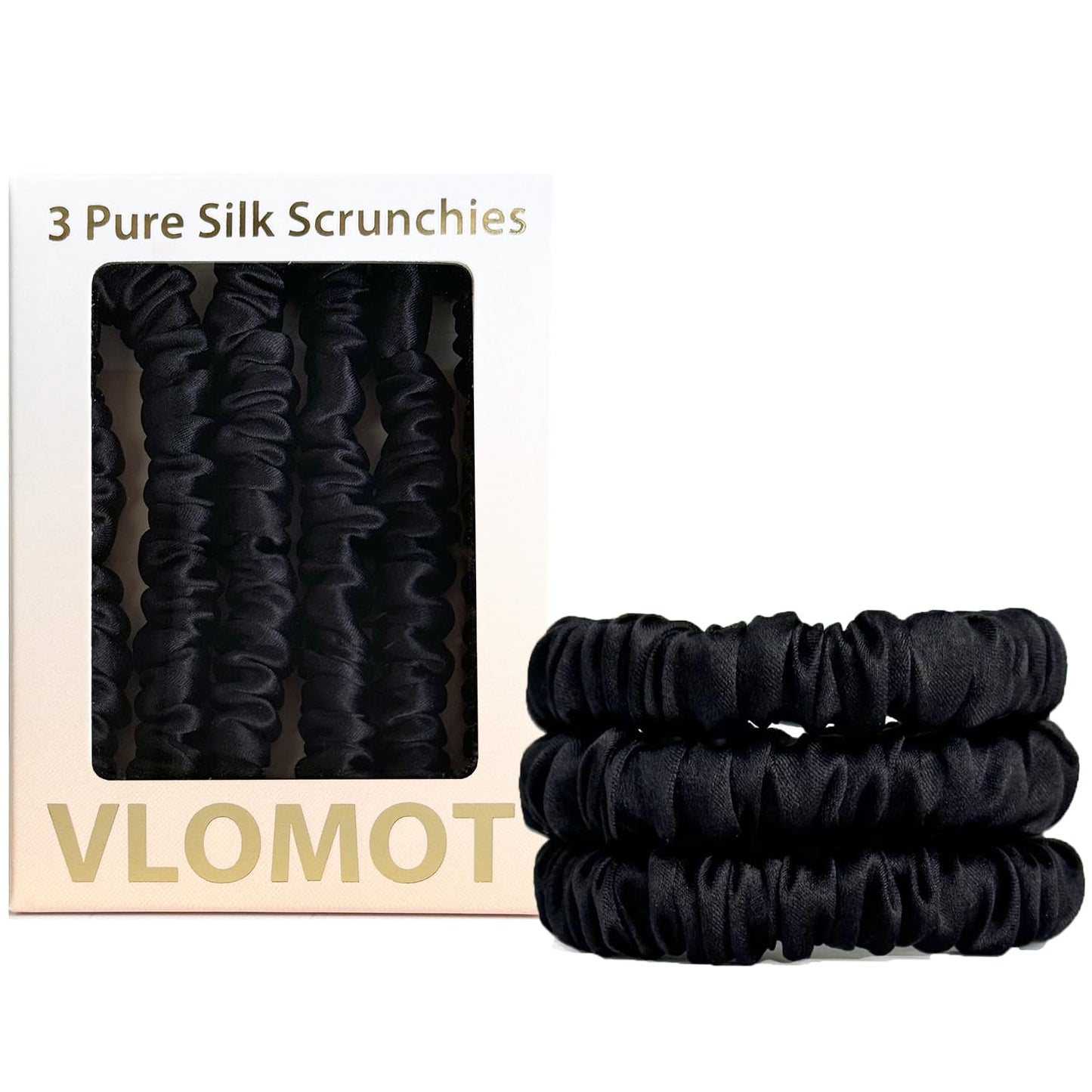 VLOMOT 3 Pcs Set 100% Pure Mulberry Silk Hair Scrunchies Hair Ties with 3 Chic Colors Everyday Skinny Scrunchies Silk Ponytail Holders Hair Care No Damage (Blue)